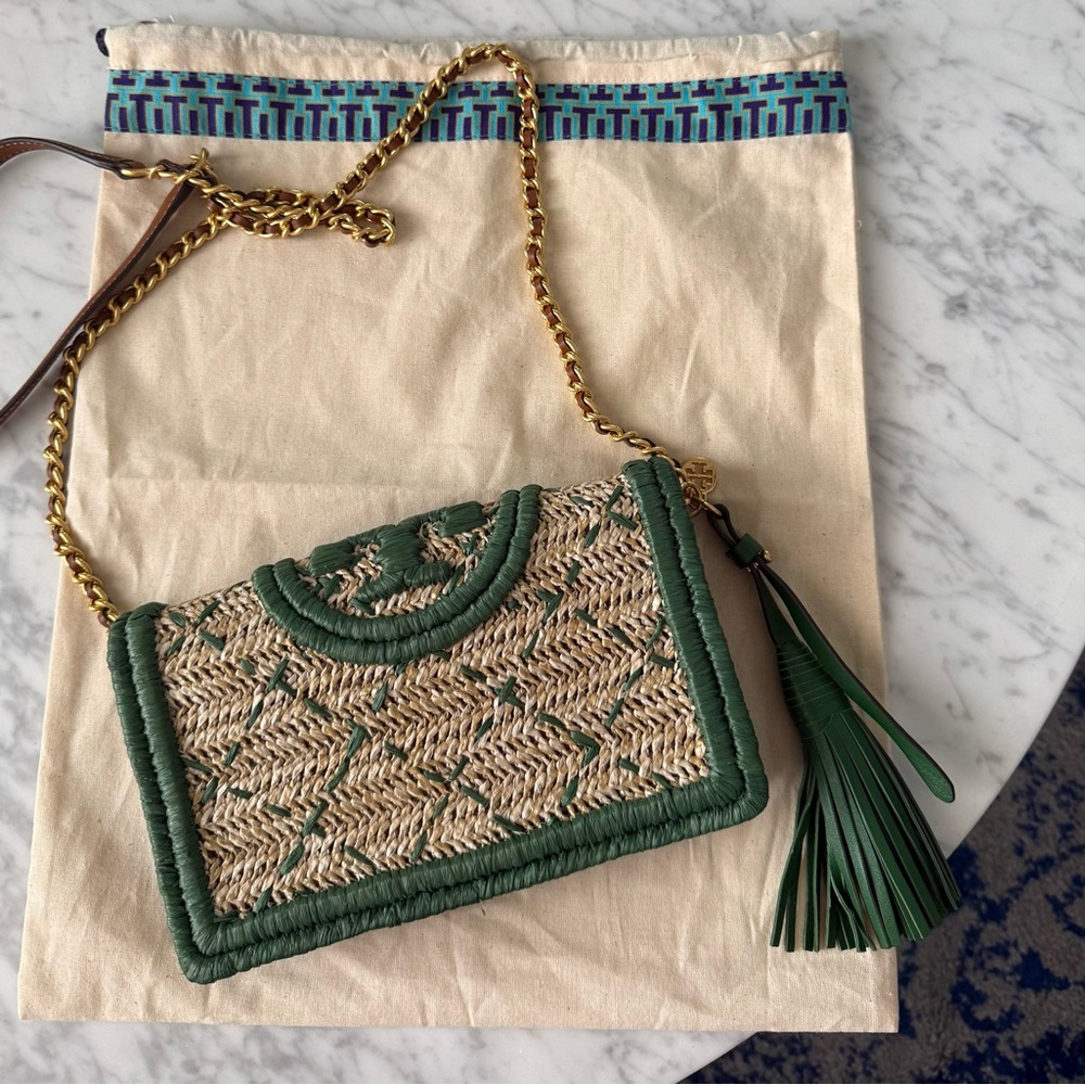 Tory Burch raffia and green leather Crossbody Bag